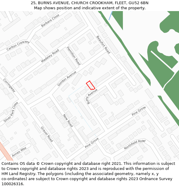 25, BURNS AVENUE, CHURCH CROOKHAM, FLEET, GU52 6BN: Location map and indicative extent of plot