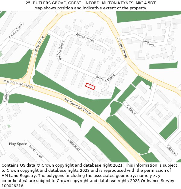 25, BUTLERS GROVE, GREAT LINFORD, MILTON KEYNES, MK14 5DT: Location map and indicative extent of plot