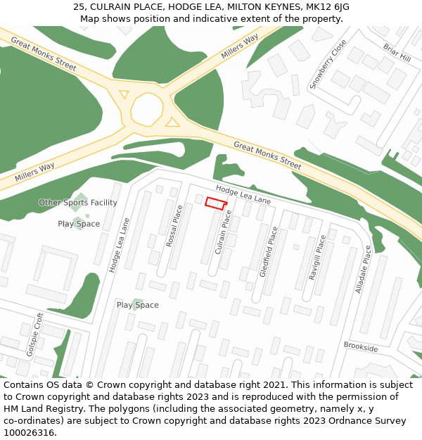 25, CULRAIN PLACE, HODGE LEA, MILTON KEYNES, MK12 6JG: Location map and indicative extent of plot