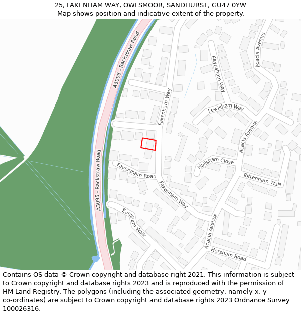 25, FAKENHAM WAY, OWLSMOOR, SANDHURST, GU47 0YW: Location map and indicative extent of plot