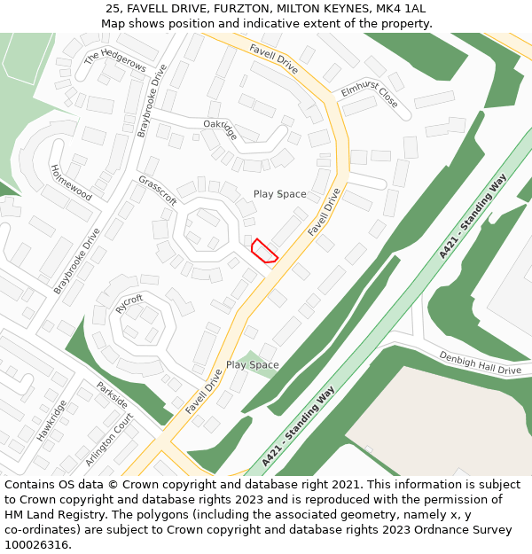 25, FAVELL DRIVE, FURZTON, MILTON KEYNES, MK4 1AL: Location map and indicative extent of plot