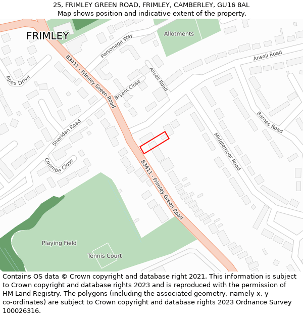 25, FRIMLEY GREEN ROAD, FRIMLEY, CAMBERLEY, GU16 8AL: Location map and indicative extent of plot