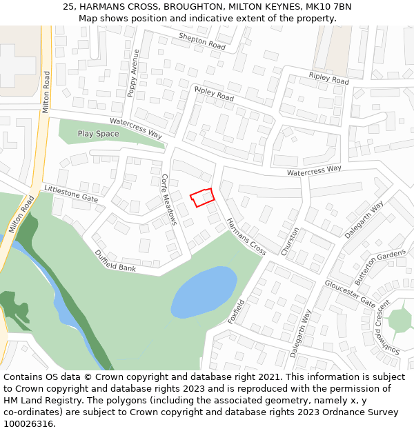 25, HARMANS CROSS, BROUGHTON, MILTON KEYNES, MK10 7BN: Location map and indicative extent of plot