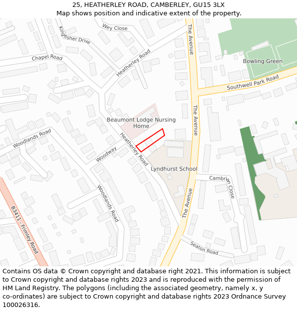 25, HEATHERLEY ROAD, CAMBERLEY, GU15 3LX: Location map and indicative extent of plot