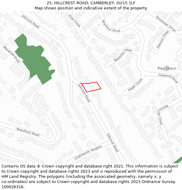 25, HILLCREST ROAD, CAMBERLEY, GU15 1LF: Location map and indicative extent of plot