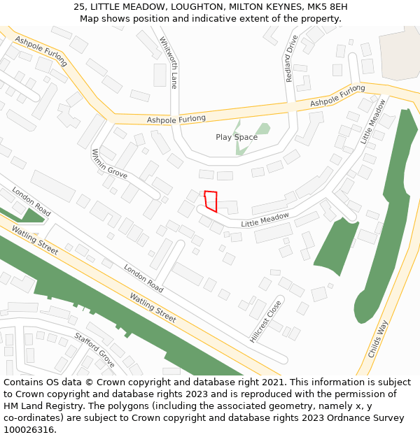 25, LITTLE MEADOW, LOUGHTON, MILTON KEYNES, MK5 8EH: Location map and indicative extent of plot