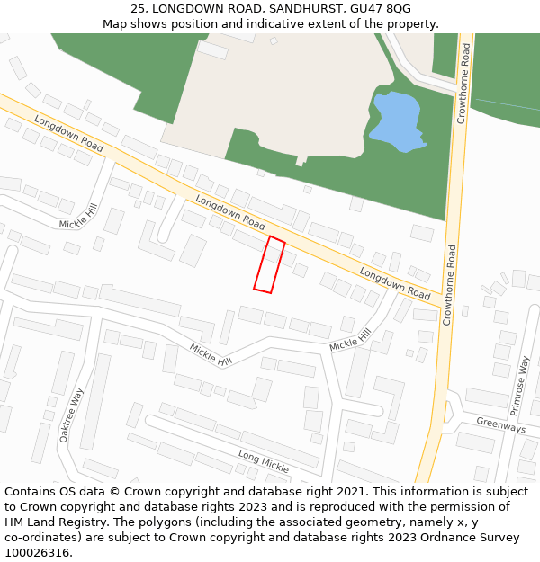 25, LONGDOWN ROAD, SANDHURST, GU47 8QG: Location map and indicative extent of plot