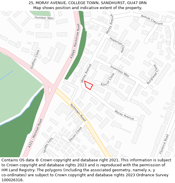 25, MORAY AVENUE, COLLEGE TOWN, SANDHURST, GU47 0RN: Location map and indicative extent of plot