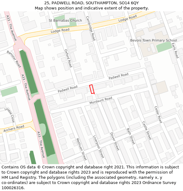 25, PADWELL ROAD, SOUTHAMPTON, SO14 6QY: Location map and indicative extent of plot