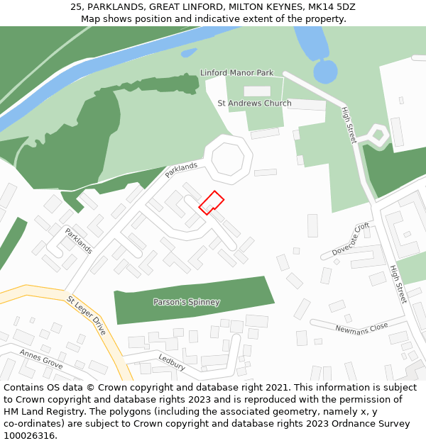 25, PARKLANDS, GREAT LINFORD, MILTON KEYNES, MK14 5DZ: Location map and indicative extent of plot