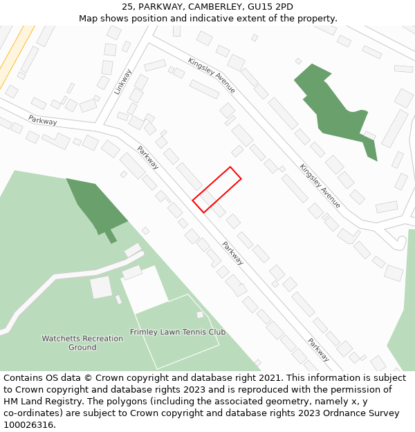 25, PARKWAY, CAMBERLEY, GU15 2PD: Location map and indicative extent of plot