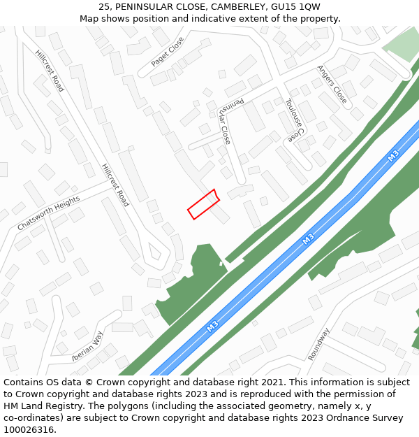 25, PENINSULAR CLOSE, CAMBERLEY, GU15 1QW: Location map and indicative extent of plot