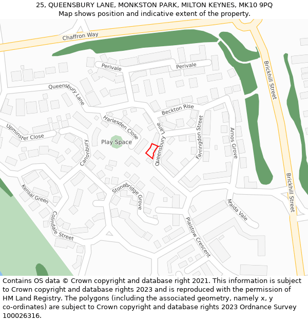 25, QUEENSBURY LANE, MONKSTON PARK, MILTON KEYNES, MK10 9PQ: Location map and indicative extent of plot