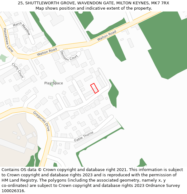 25, SHUTTLEWORTH GROVE, WAVENDON GATE, MILTON KEYNES, MK7 7RX: Location map and indicative extent of plot