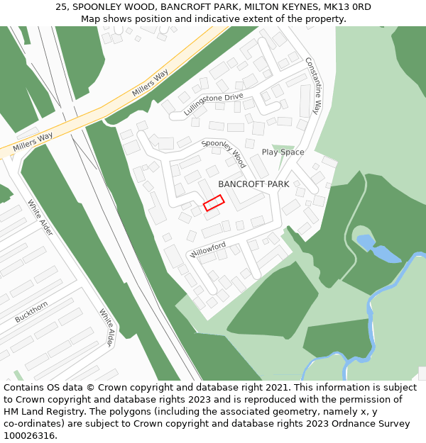 25, SPOONLEY WOOD, BANCROFT PARK, MILTON KEYNES, MK13 0RD: Location map and indicative extent of plot