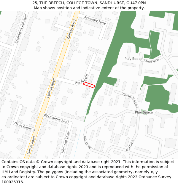 25, THE BREECH, COLLEGE TOWN, SANDHURST, GU47 0PN: Location map and indicative extent of plot