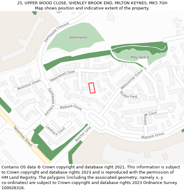 25, UPPER WOOD CLOSE, SHENLEY BROOK END, MILTON KEYNES, MK5 7GH: Location map and indicative extent of plot