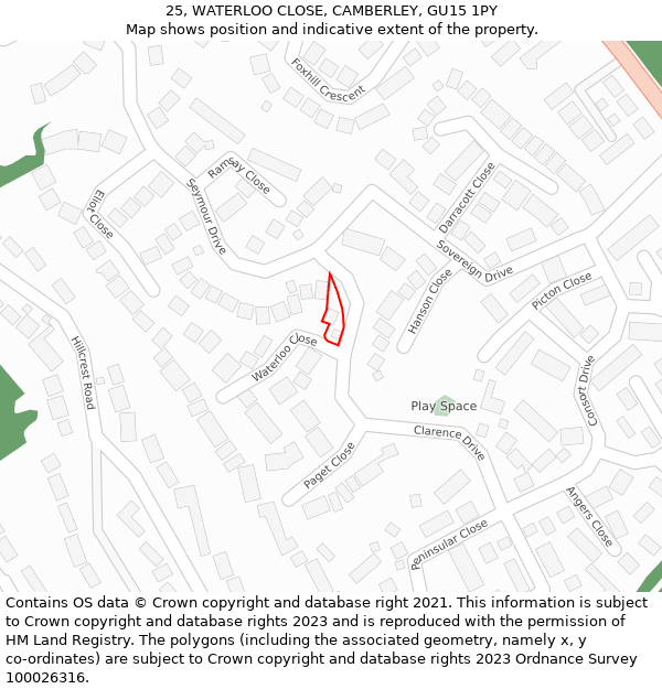 25, WATERLOO CLOSE, CAMBERLEY, GU15 1PY: Location map and indicative extent of plot