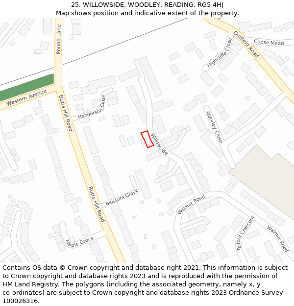 25, WILLOWSIDE, WOODLEY, READING, RG5 4HJ: Location map and indicative extent of plot