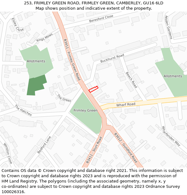 253, FRIMLEY GREEN ROAD, FRIMLEY GREEN, CAMBERLEY, GU16 6LD: Location map and indicative extent of plot