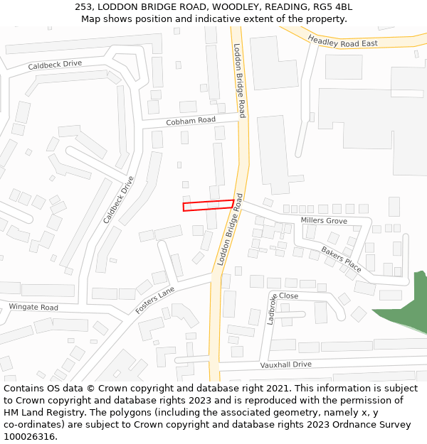 253, LODDON BRIDGE ROAD, WOODLEY, READING, RG5 4BL: Location map and indicative extent of plot