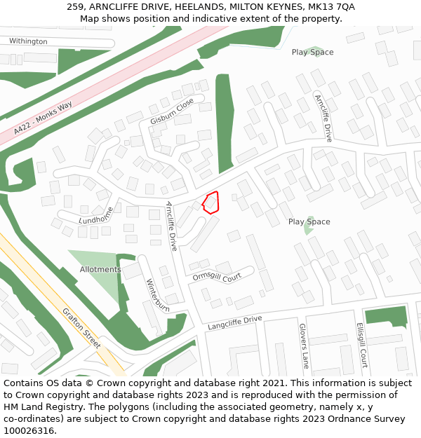 259, ARNCLIFFE DRIVE, HEELANDS, MILTON KEYNES, MK13 7QA: Location map and indicative extent of plot