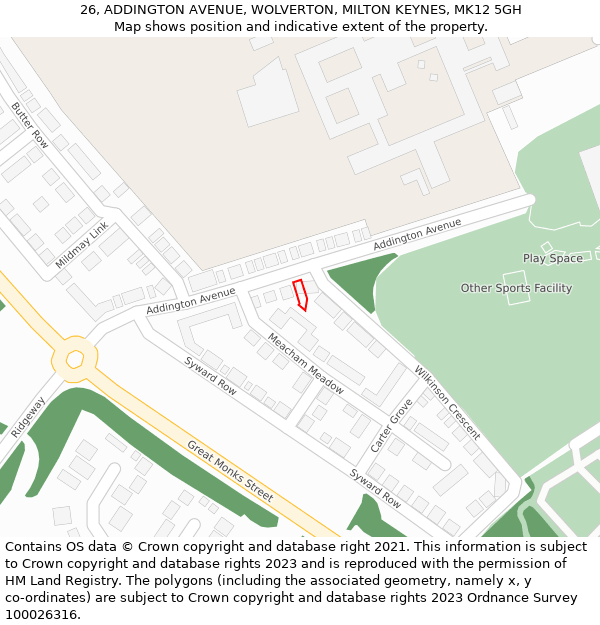 26, ADDINGTON AVENUE, WOLVERTON, MILTON KEYNES, MK12 5GH: Location map and indicative extent of plot