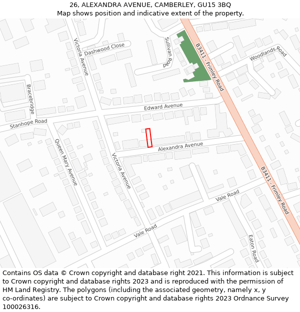 26, ALEXANDRA AVENUE, CAMBERLEY, GU15 3BQ: Location map and indicative extent of plot