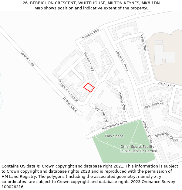 26, BERRICHON CRESCENT, WHITEHOUSE, MILTON KEYNES, MK8 1DN: Location map and indicative extent of plot