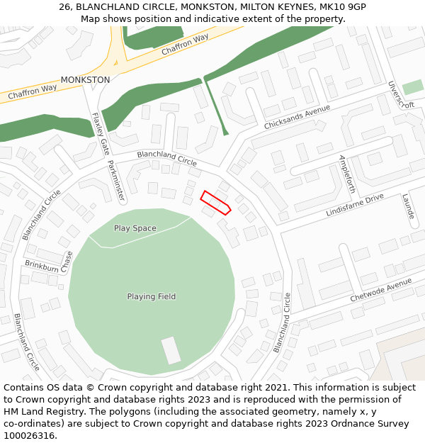 26, BLANCHLAND CIRCLE, MONKSTON, MILTON KEYNES, MK10 9GP: Location map and indicative extent of plot