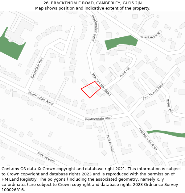 26, BRACKENDALE ROAD, CAMBERLEY, GU15 2JN: Location map and indicative extent of plot