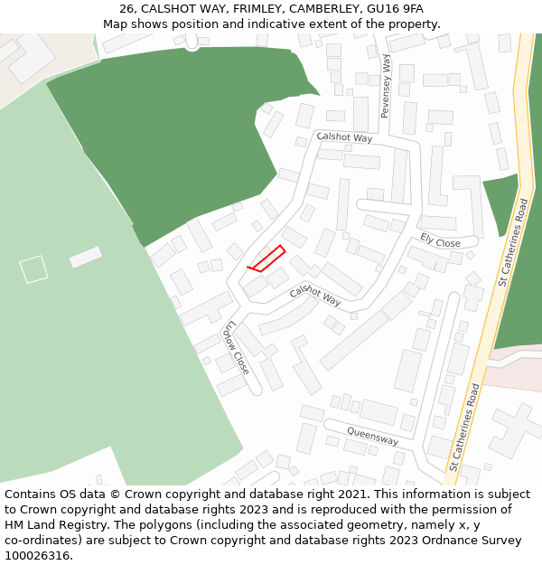 26, CALSHOT WAY, FRIMLEY, CAMBERLEY, GU16 9FA: Location map and indicative extent of plot