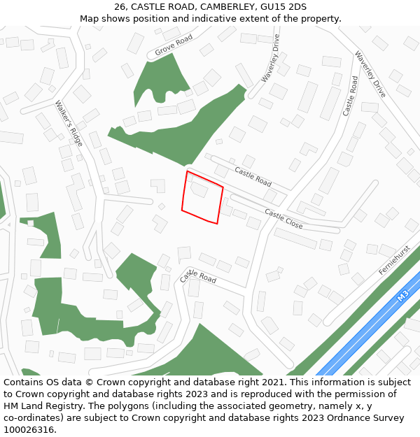 26, CASTLE ROAD, CAMBERLEY, GU15 2DS: Location map and indicative extent of plot