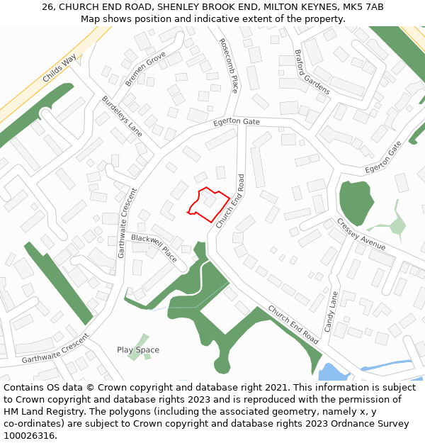 26, CHURCH END ROAD, SHENLEY BROOK END, MILTON KEYNES, MK5 7AB: Location map and indicative extent of plot