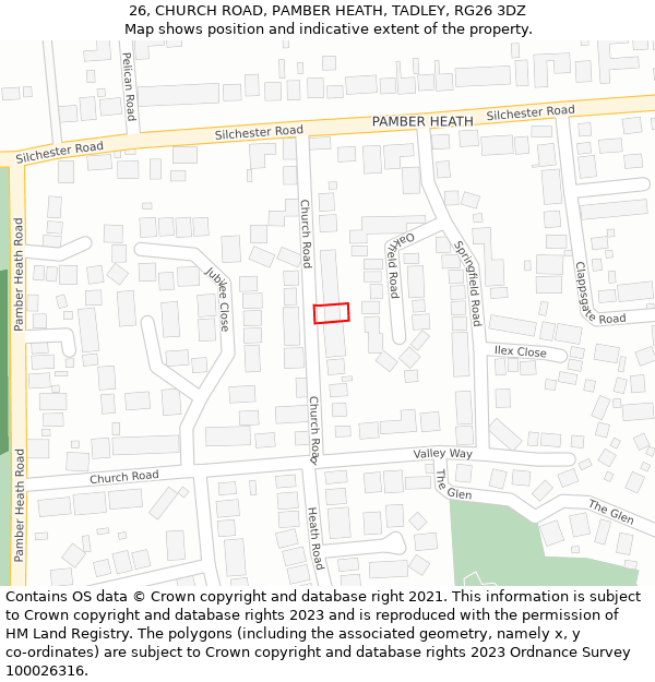 26, CHURCH ROAD, PAMBER HEATH, TADLEY, RG26 3DZ: Location map and indicative extent of plot