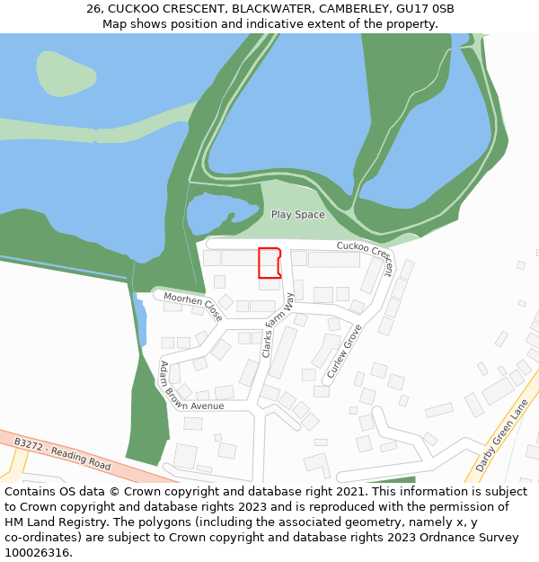 26, CUCKOO CRESCENT, BLACKWATER, CAMBERLEY, GU17 0SB: Location map and indicative extent of plot