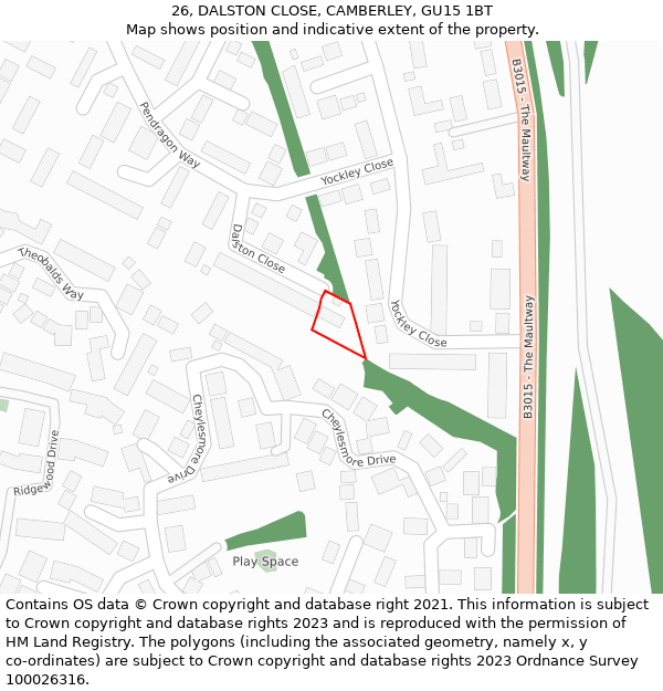 26, DALSTON CLOSE, CAMBERLEY, GU15 1BT: Location map and indicative extent of plot