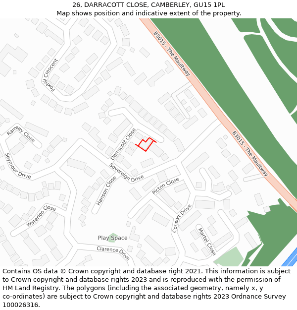 26, DARRACOTT CLOSE, CAMBERLEY, GU15 1PL: Location map and indicative extent of plot