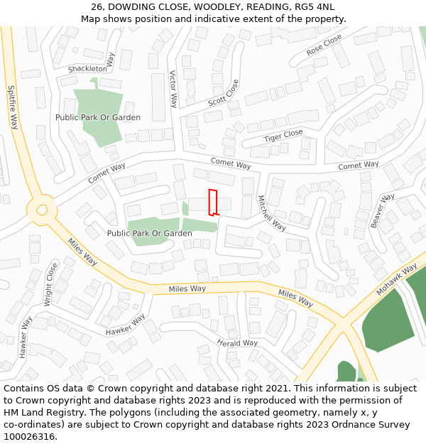 26, DOWDING CLOSE, WOODLEY, READING, RG5 4NL: Location map and indicative extent of plot