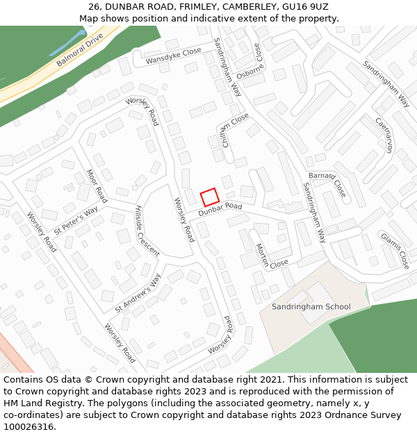 26, DUNBAR ROAD, FRIMLEY, CAMBERLEY, GU16 9UZ: Location map and indicative extent of plot
