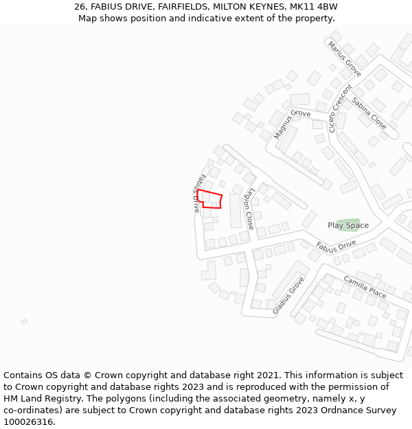 26, FABIUS DRIVE, FAIRFIELDS, MILTON KEYNES, MK11 4BW: Location map and indicative extent of plot