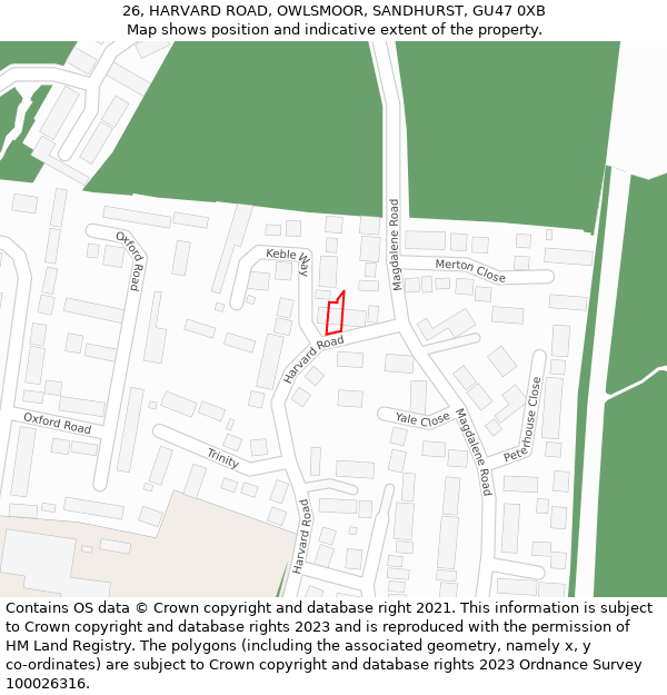 26, HARVARD ROAD, OWLSMOOR, SANDHURST, GU47 0XB: Location map and indicative extent of plot