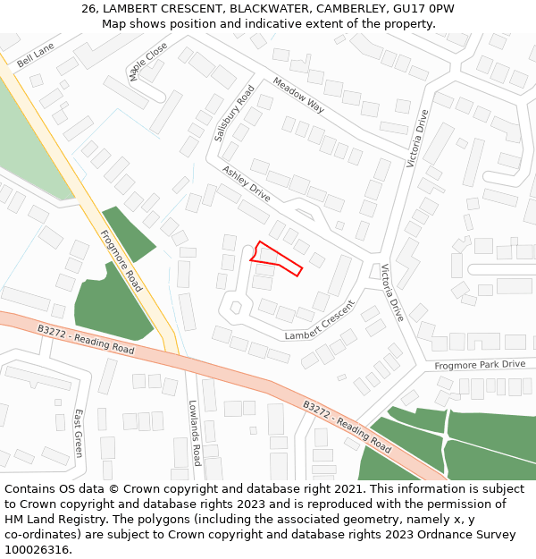 26, LAMBERT CRESCENT, BLACKWATER, CAMBERLEY, GU17 0PW: Location map and indicative extent of plot