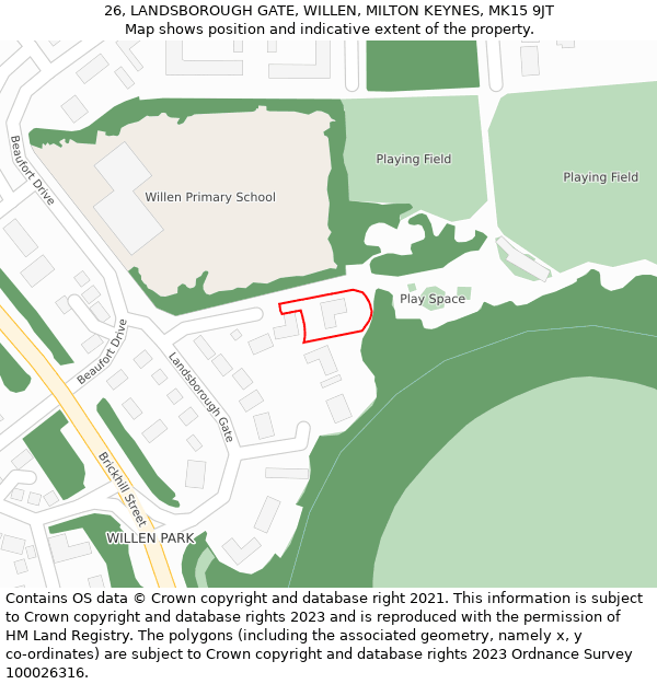 26, LANDSBOROUGH GATE, WILLEN, MILTON KEYNES, MK15 9JT: Location map and indicative extent of plot