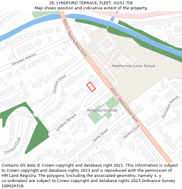 26, LYNDFORD TERRACE, FLEET, GU52 7SE: Location map and indicative extent of plot