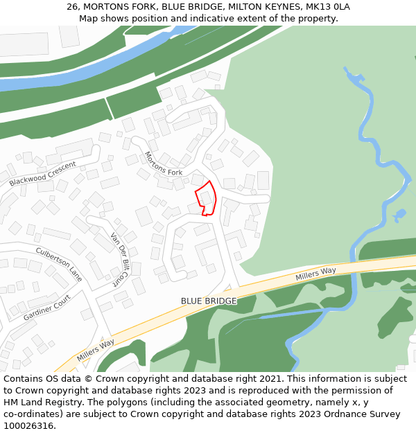 26, MORTONS FORK, BLUE BRIDGE, MILTON KEYNES, MK13 0LA: Location map and indicative extent of plot