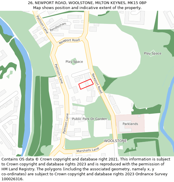 26, NEWPORT ROAD, WOOLSTONE, MILTON KEYNES, MK15 0BP: Location map and indicative extent of plot