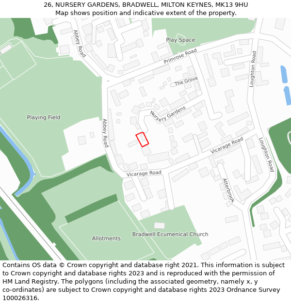 26, NURSERY GARDENS, BRADWELL, MILTON KEYNES, MK13 9HU: Location map and indicative extent of plot