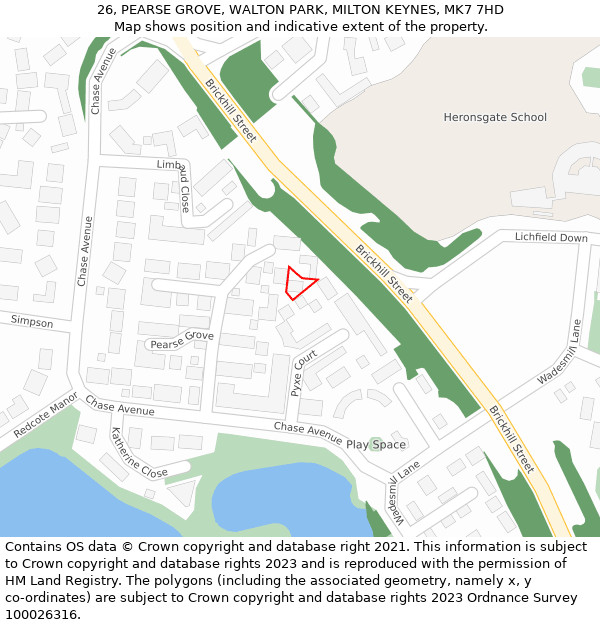 26, PEARSE GROVE, WALTON PARK, MILTON KEYNES, MK7 7HD: Location map and indicative extent of plot