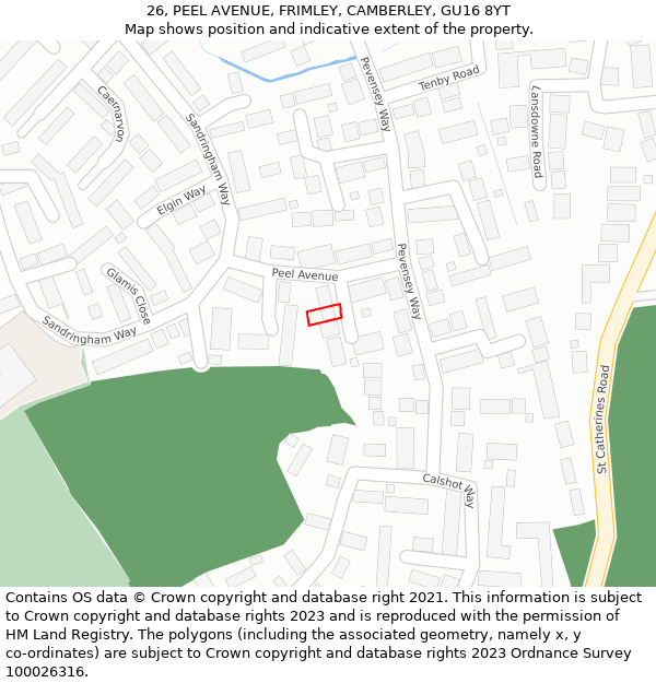 26, PEEL AVENUE, FRIMLEY, CAMBERLEY, GU16 8YT: Location map and indicative extent of plot